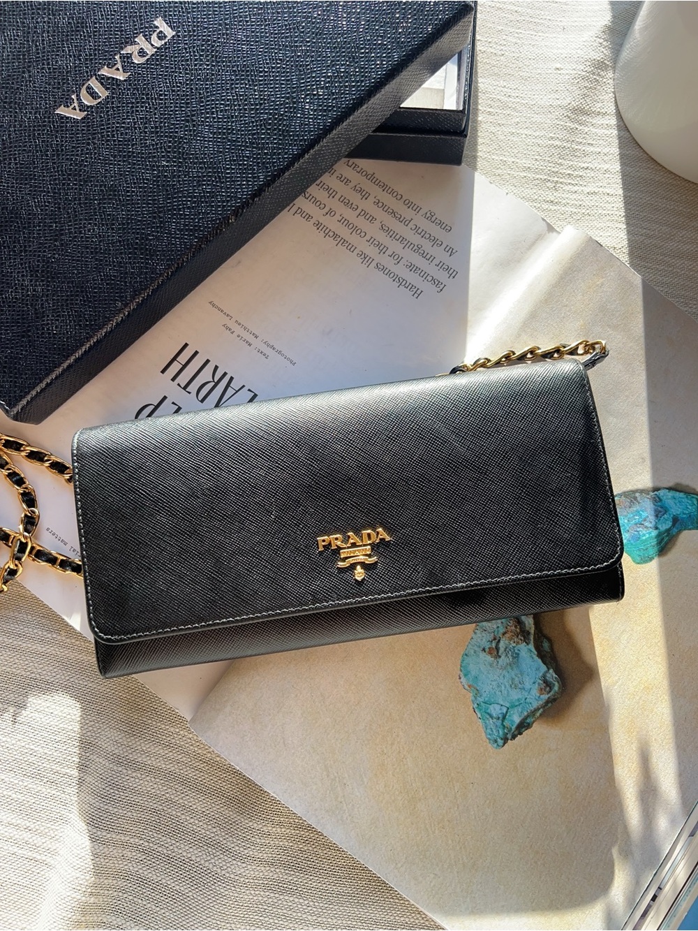Prada Saffiano Metal Leather Clutch Black WOC